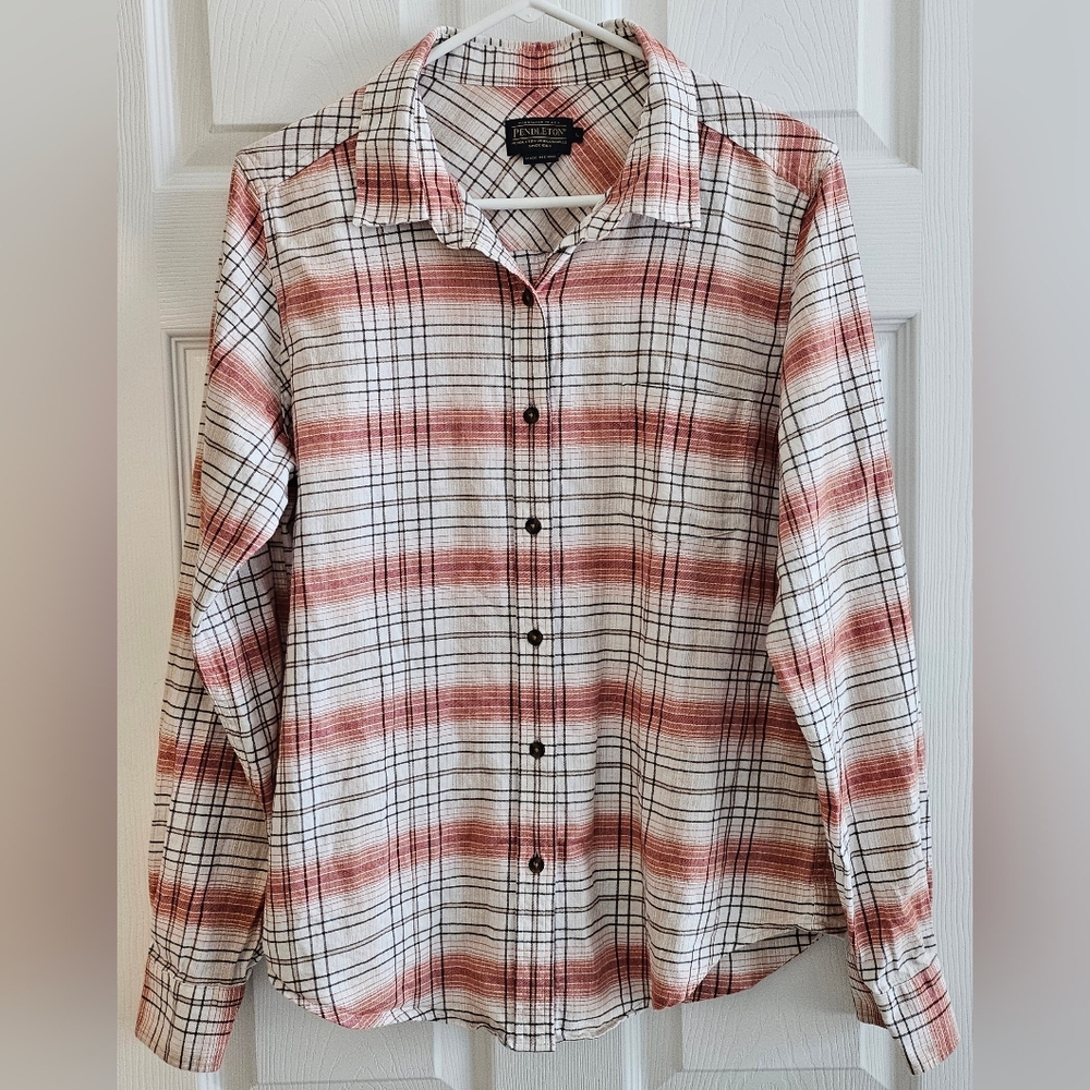 Pendelton Lg.Flannel Shirt Plaid Rust Brown Casual